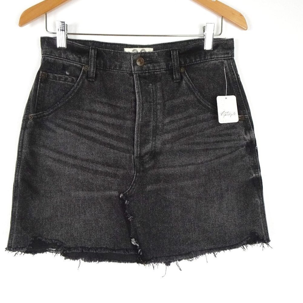Free People Denim Mini Skirt Size 28 Black Button Fly Brea Boho Raw Hem